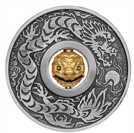 Thumbnail for 2024 $1 Year of the Dragon 1oz Silver Antiqued Tuvalu Coin with Dragon Rotating Charm - Perth Mint