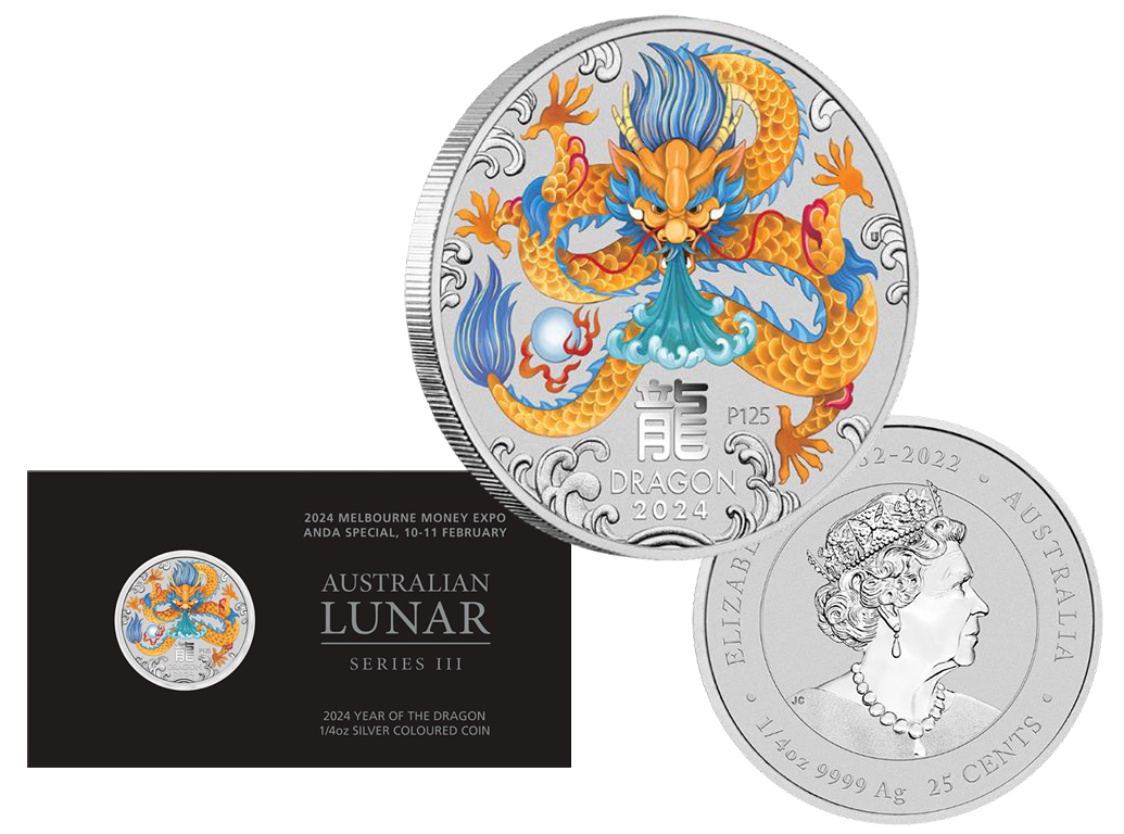 Thumbnail for 2024 25 cent Australian Lunar Series III - Year of the Dragon Quarter oz Silver Coloured Coin - Melbourne Money Expo ANDA Special