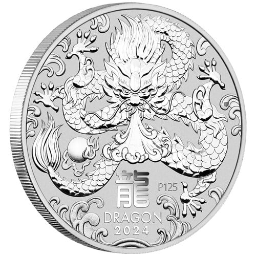 Thumbnail for 2024 $1 Year of the Dragon 1oz Silver Bullion Coin with Dragon Privy Mark Queens Memorial Effigy (Perth Mint)