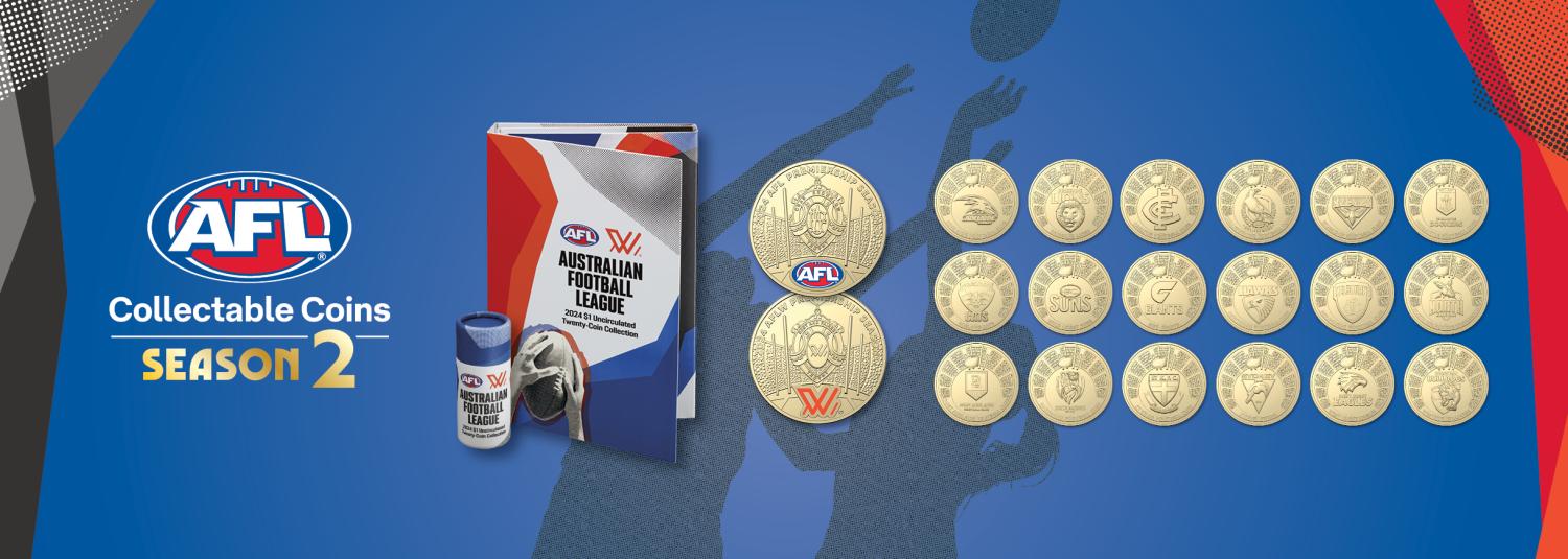 Thumbnail for 2024 $1 AFL - Season 2 Collectable Coins with Folder and 20 x $1 AlBr coins in Tube- FULL BOX of ten Unopened as received from Aust Post