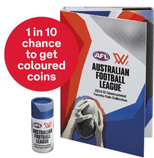 Thumbnail for 2024 $1 AFL - Season 2 Collectable Coin Folder and  20 AFL Coin Tube with randomly placed Coloured Women's AFLW & Men's  (AFL) coloured coins