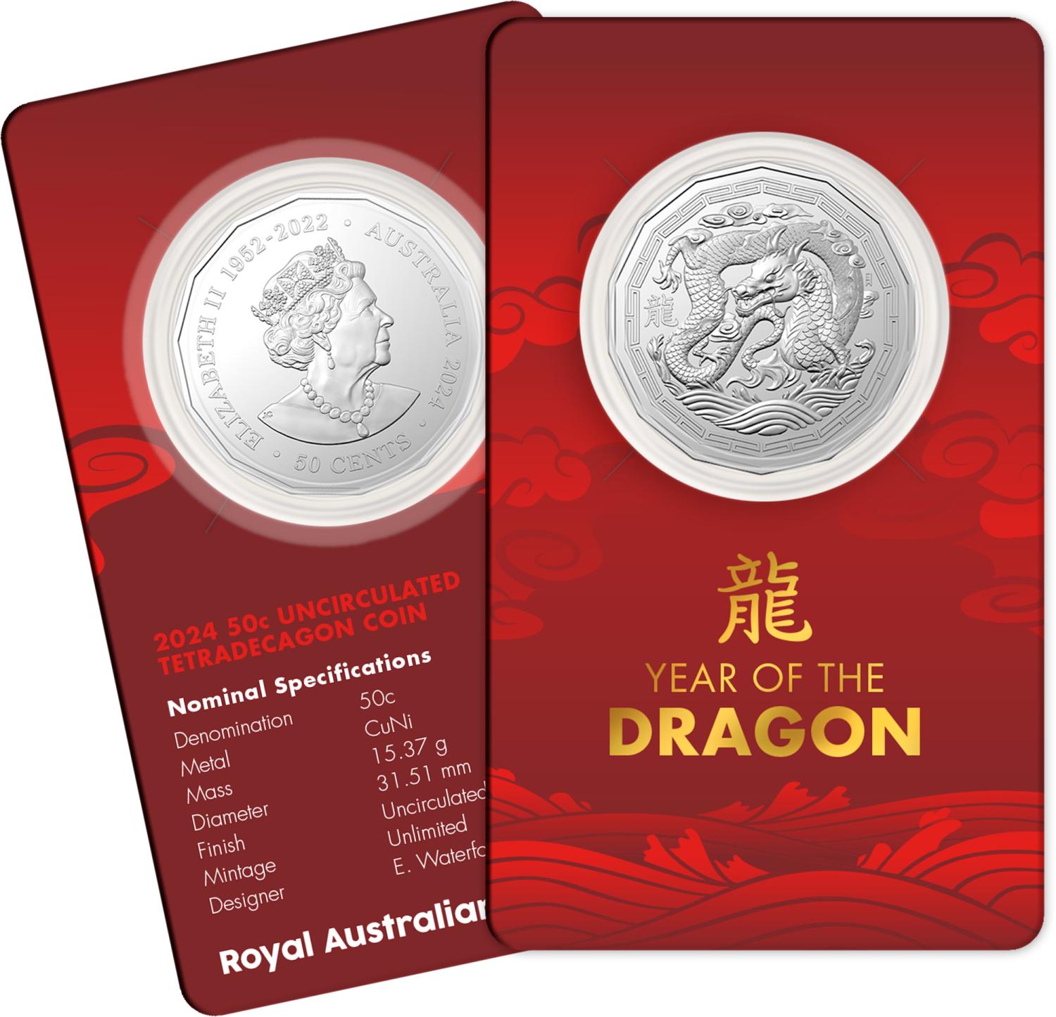 Thumbnail for 2024 50 cent Lunar Year of the Dragon Tetra Decagon CuNi UNC Coin on card (New design no longer red folder)