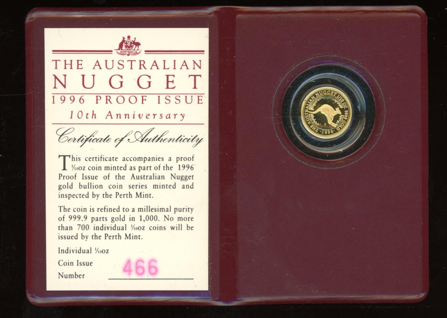 Thumbnail for 1996 One Tenth oz Australian Nugget Proof Coin in Wallet