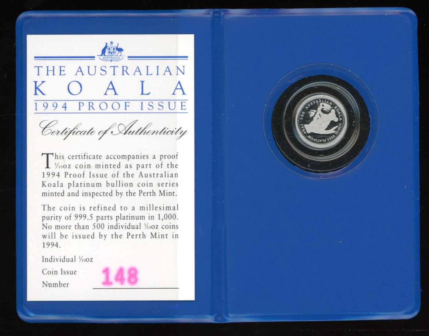 Thumbnail for 1994 One Tenth oz Platinum Koala Proof in Original Blue Wallet