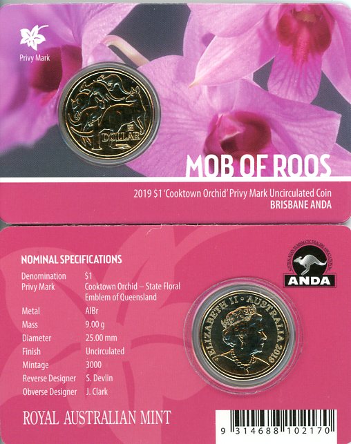 Thumbnail for 2019 Mob of Roos - Cooktown Orchid Privy Mark UNC Coin - Brisbane ANDA