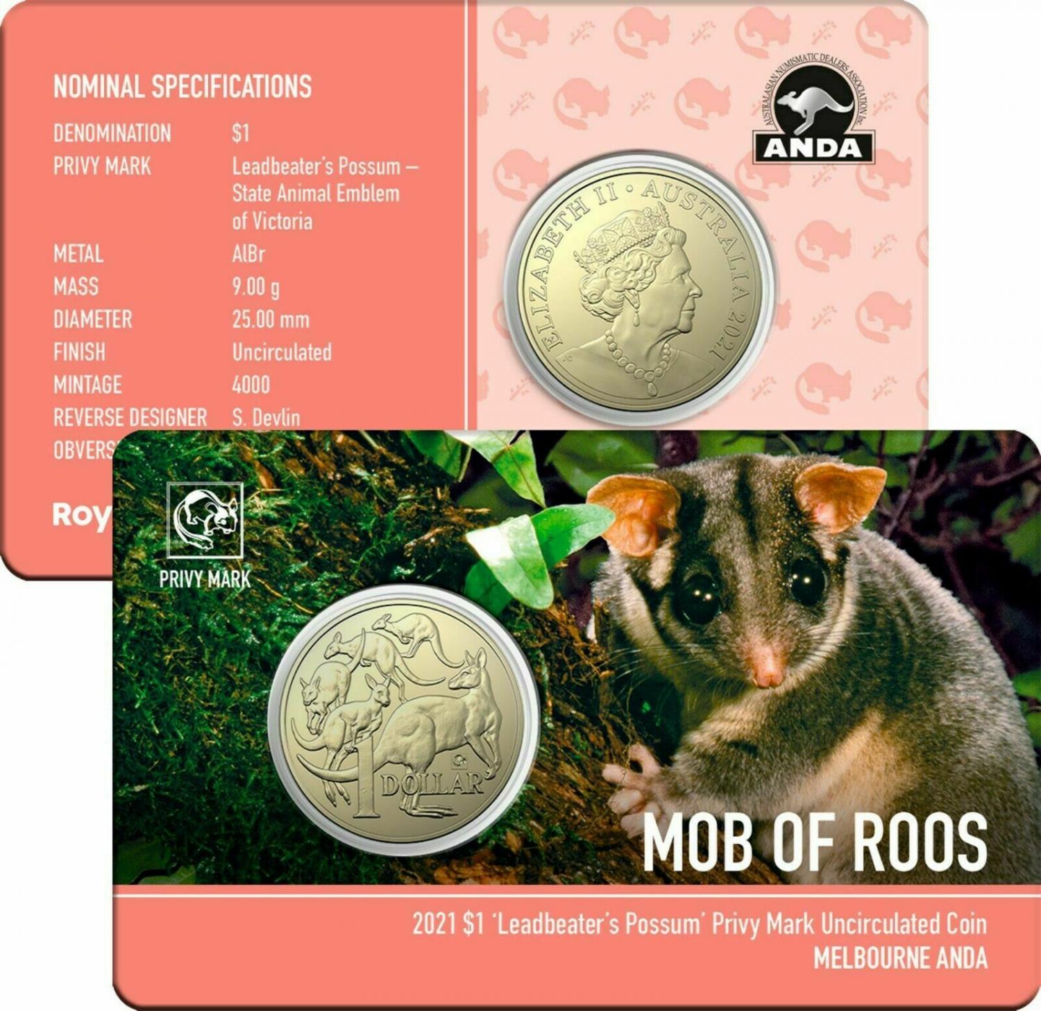 Thumbnail for 2021 Australian Mob of Roos $1 Coin - Possum Privymark - Melbourne ANDA Show