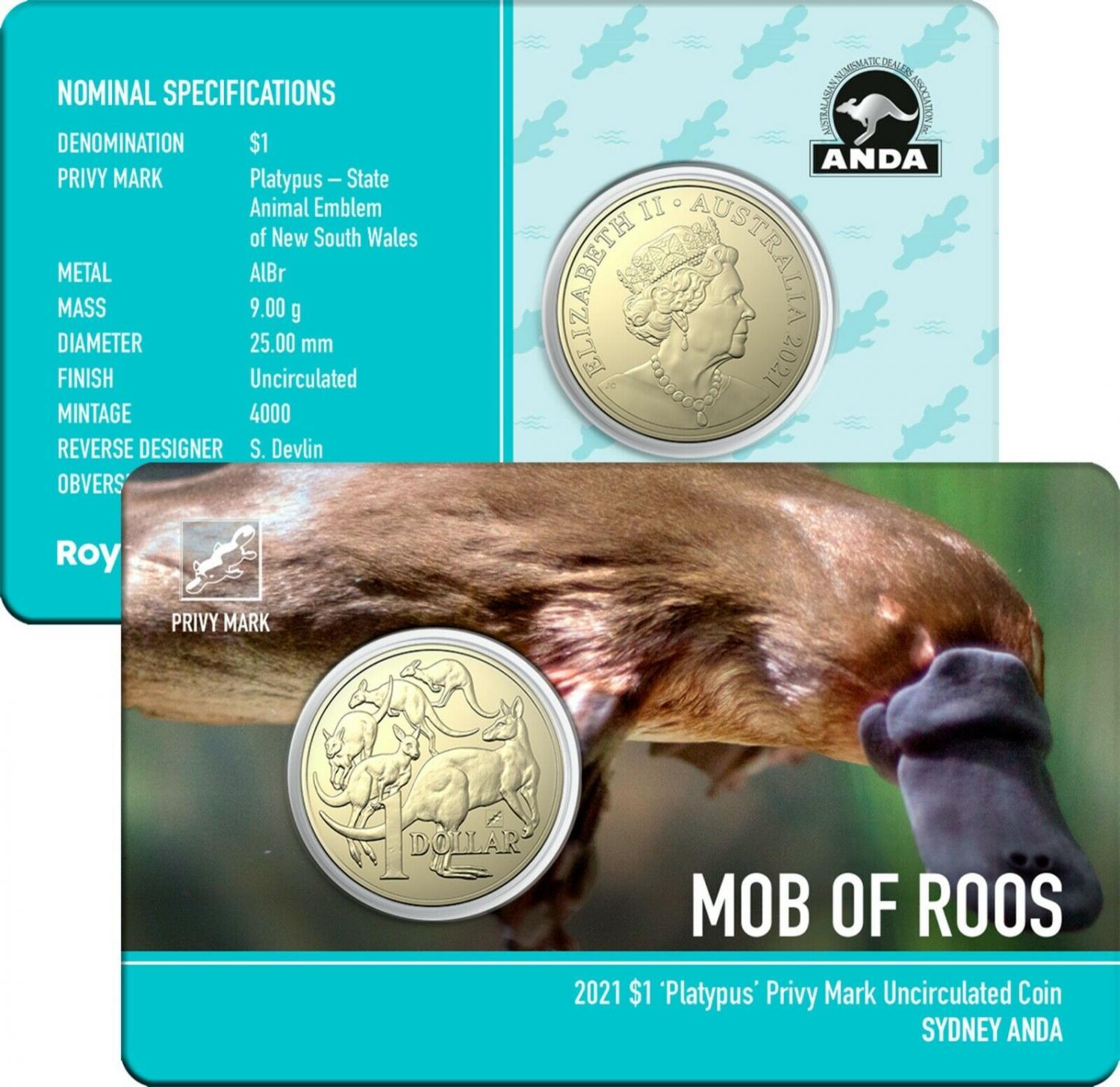 Thumbnail for 2021 Australian Mob of Roos $1 Coin - Platypus Privymark - Sydney ANDA Show