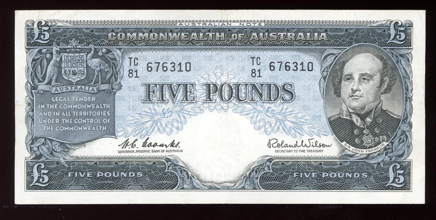 Thumbnail for 1961 Five Pound Banknote Coombs-Wilson TC81 676310 VF
