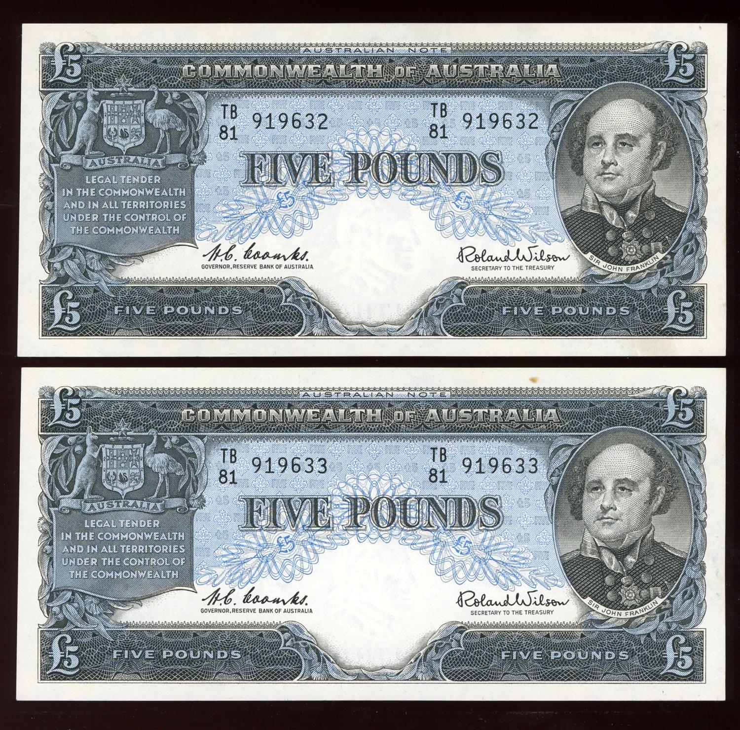 Thumbnail for 1961 Consecutive Pair Five Pound Banknotes Coombs-Wilson TB81 919633-634 aUNC
