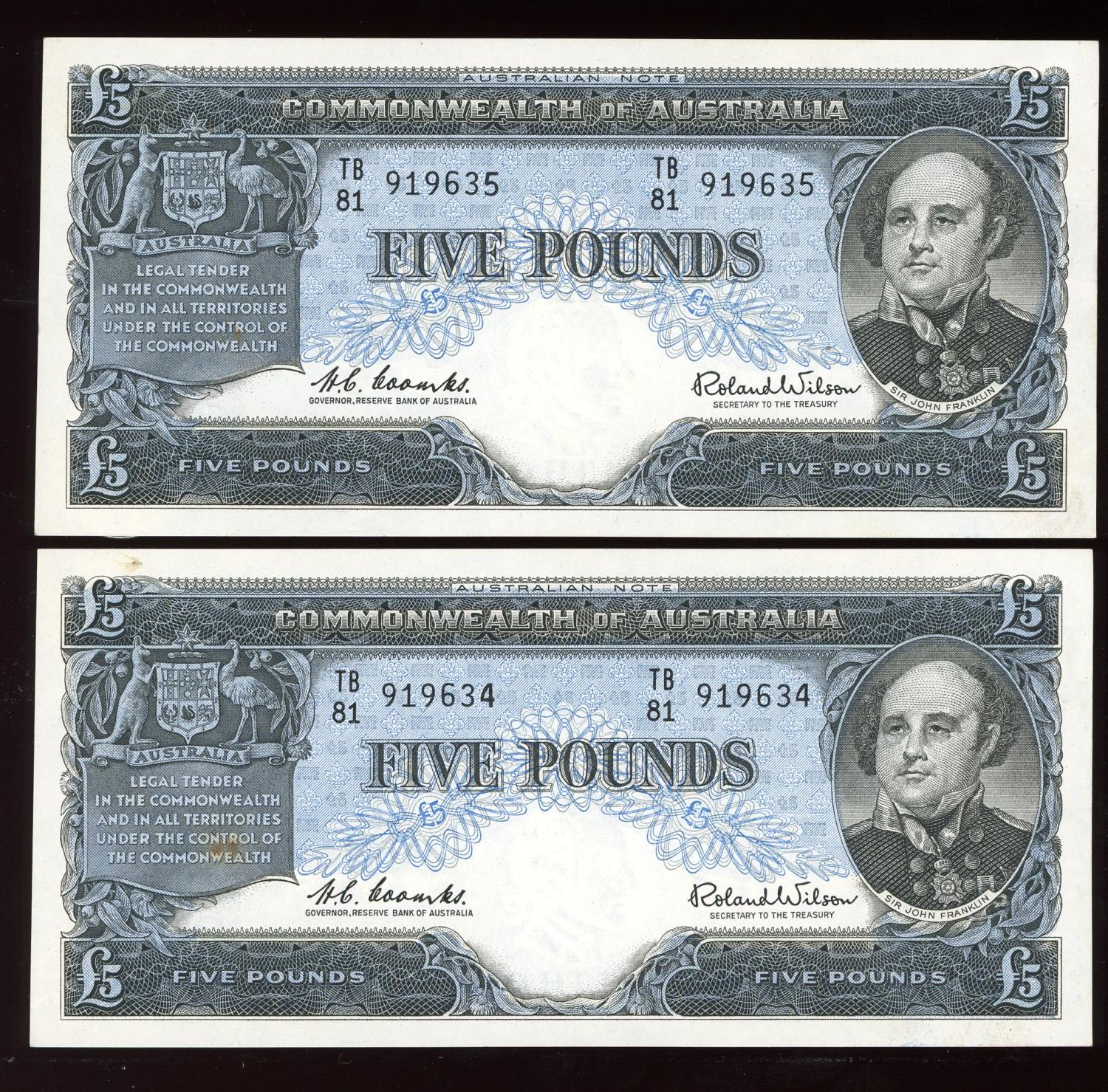 Thumbnail for 1961 Consecutive Pair Five Pound Banknotes Coombs-Wilson TB81 919634-635 aUNC