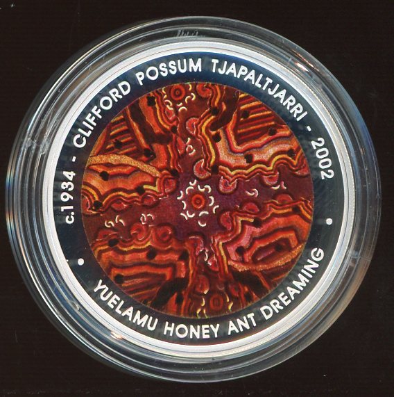 Thumbnail for 2007 Australian $5 Silver Coin from Masterpieces in Silver Set - Clifford Possum Tjapaltjarri - Yuelamu Honey Ant Dreaming