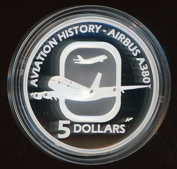 Thumbnail for 2008 $5 Silver Proof From Masterpieces In Silver Set - Aviation History Airbus A380