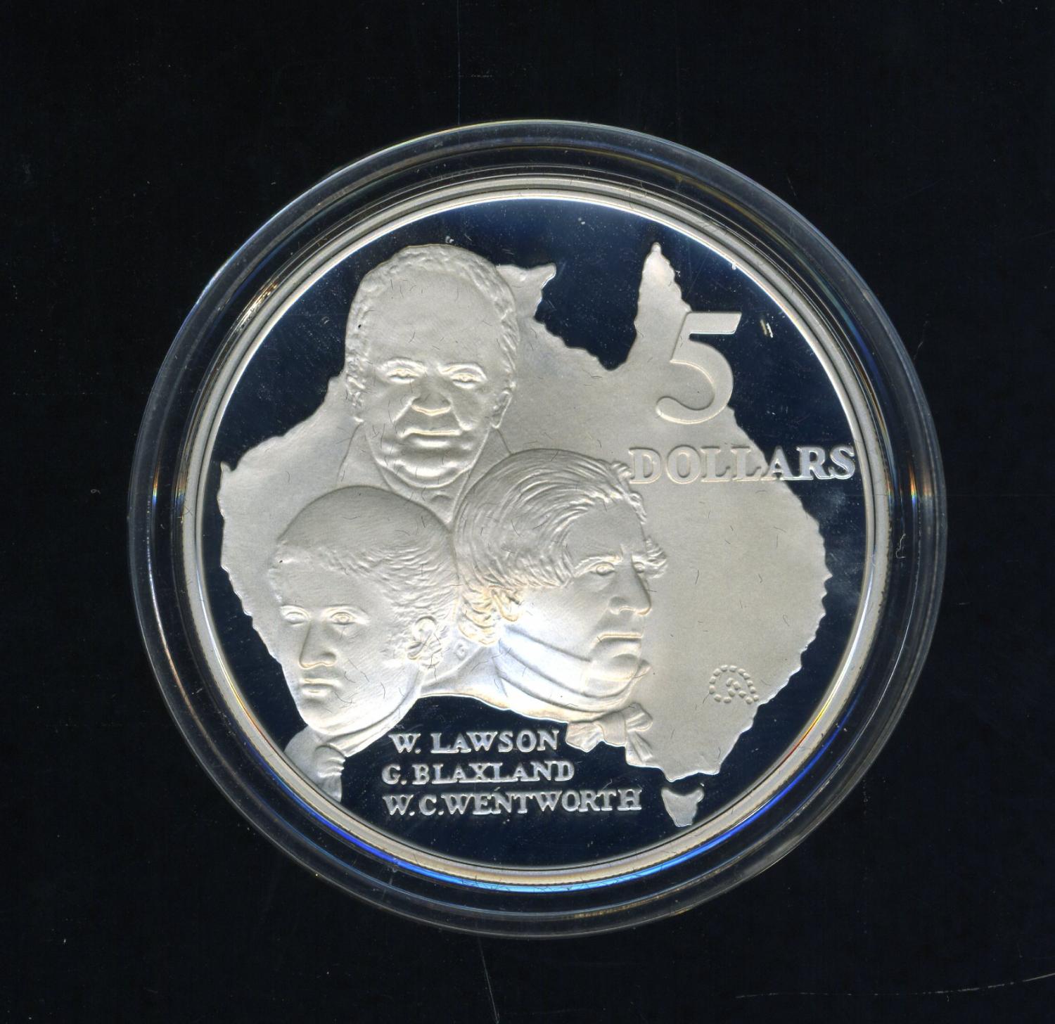 Thumbnail for 1993 Australian $5 Silver Coin from Masterpieces in Silver Set - lawson Blaxland Wentworth.  The Coin is Sterling Silver and contains over 1oz of Pure Silver.