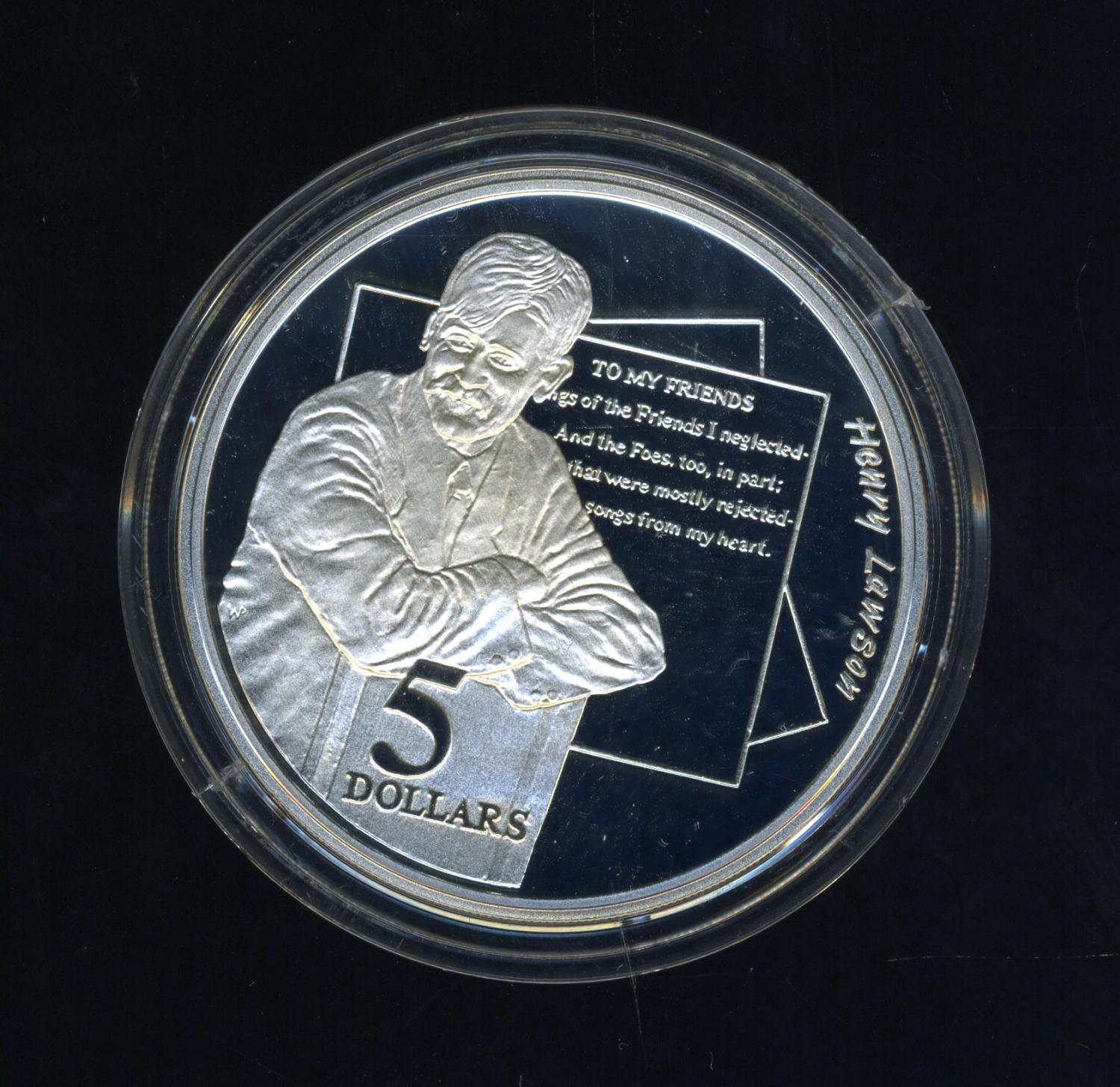 Thumbnail for 1996 Australian $5 Silver Coin From Masterpieces Set - Henry Lawson.  The Coin is Sterling Silver and contains over 1oz of Pure Silver.