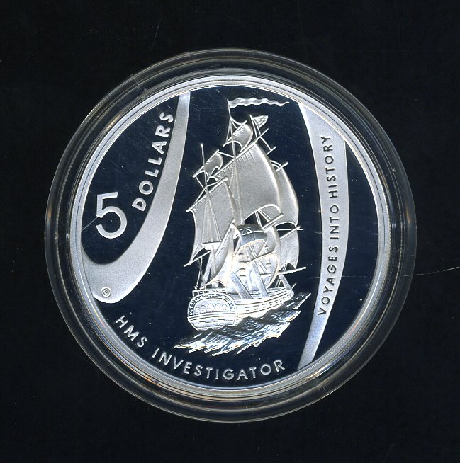Thumbnail for 2002 Australian $5.00 Silver Coin from Masterpieces in Silver Set - HMS Investigator.  The Coin is .999 Silver.