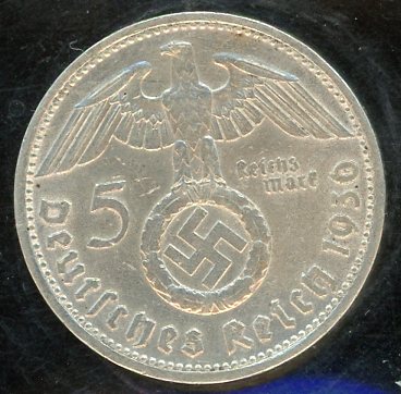 Thumbnail for 1936 D German Silver 5 Marks EF
