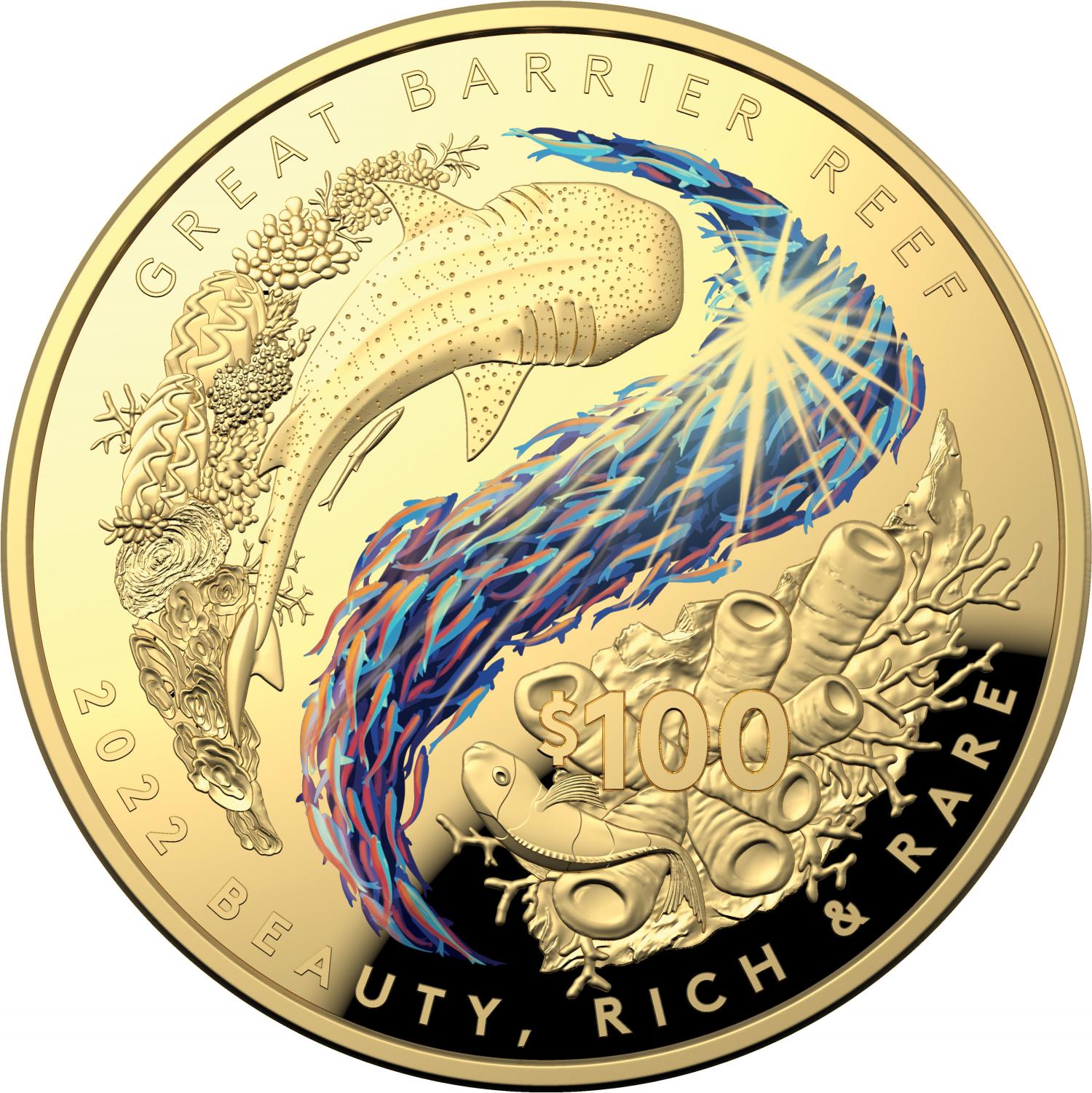 Thumbnail for 2022 $100 Beauty Rich Rare Great Barrier Reef Gold Coloured Proof Domed Coin