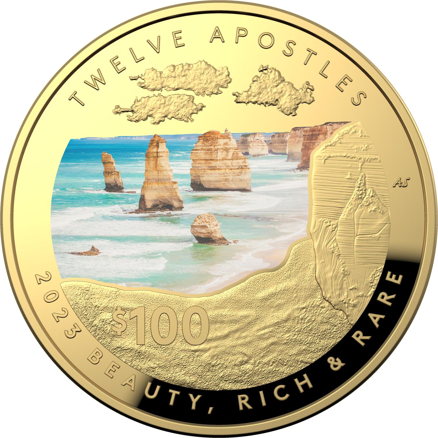 Thumbnail for 2023 $100 Beauty Rich & Rare - Twelve Apostles $100 Gold Coloured Proof Domed Coin