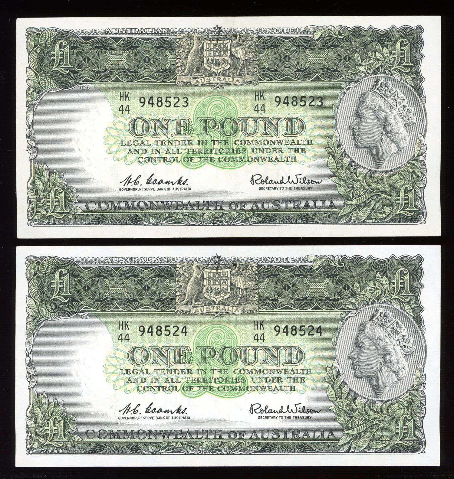 Thumbnail for 1961 Consecutive Pair Coombs-Wilson One Pound Notes HK44 948523-24 EF
