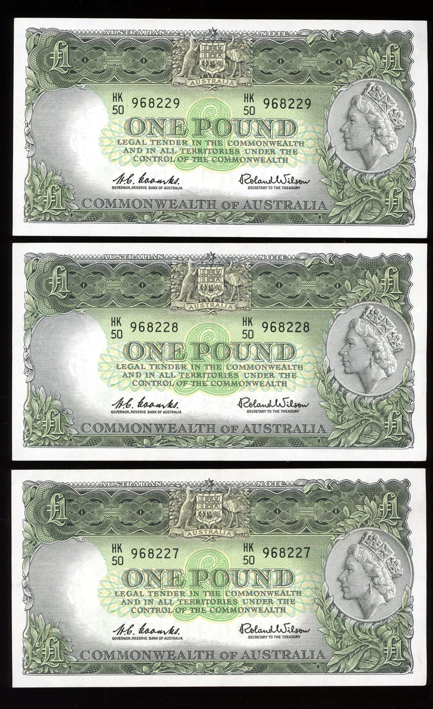 Thumbnail for 1961 Consecutive Trio Coombs-Wilson One Pound Notes HK50 968227-29 EF