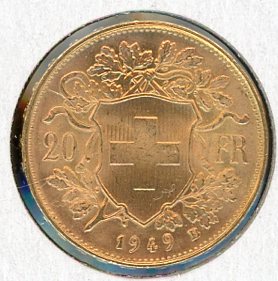 Thumbnail for 1949 Swiss 20 Francs UNC