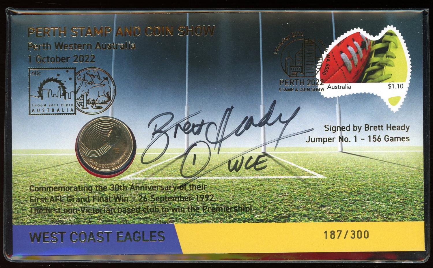 Thumbnail for 2022 West Coast Eagles PNC Signed by Brett Heady - Perth Stamp and Coin Show Limited to only 300