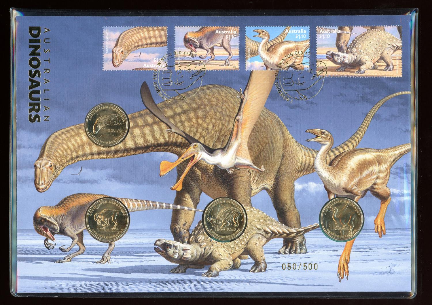 Thumbnail for 2022 Australian Dinosaurs Prestige PNC with 4 Coins and Gold Foil Overprint 050-500