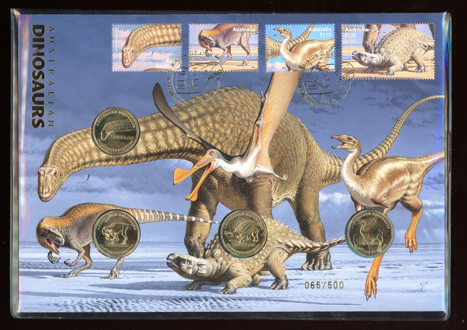 Thumbnail for 2022 Australian Dinosaurs Prestige PNC with 4 Coins and Gold Foil Overprint 066-500