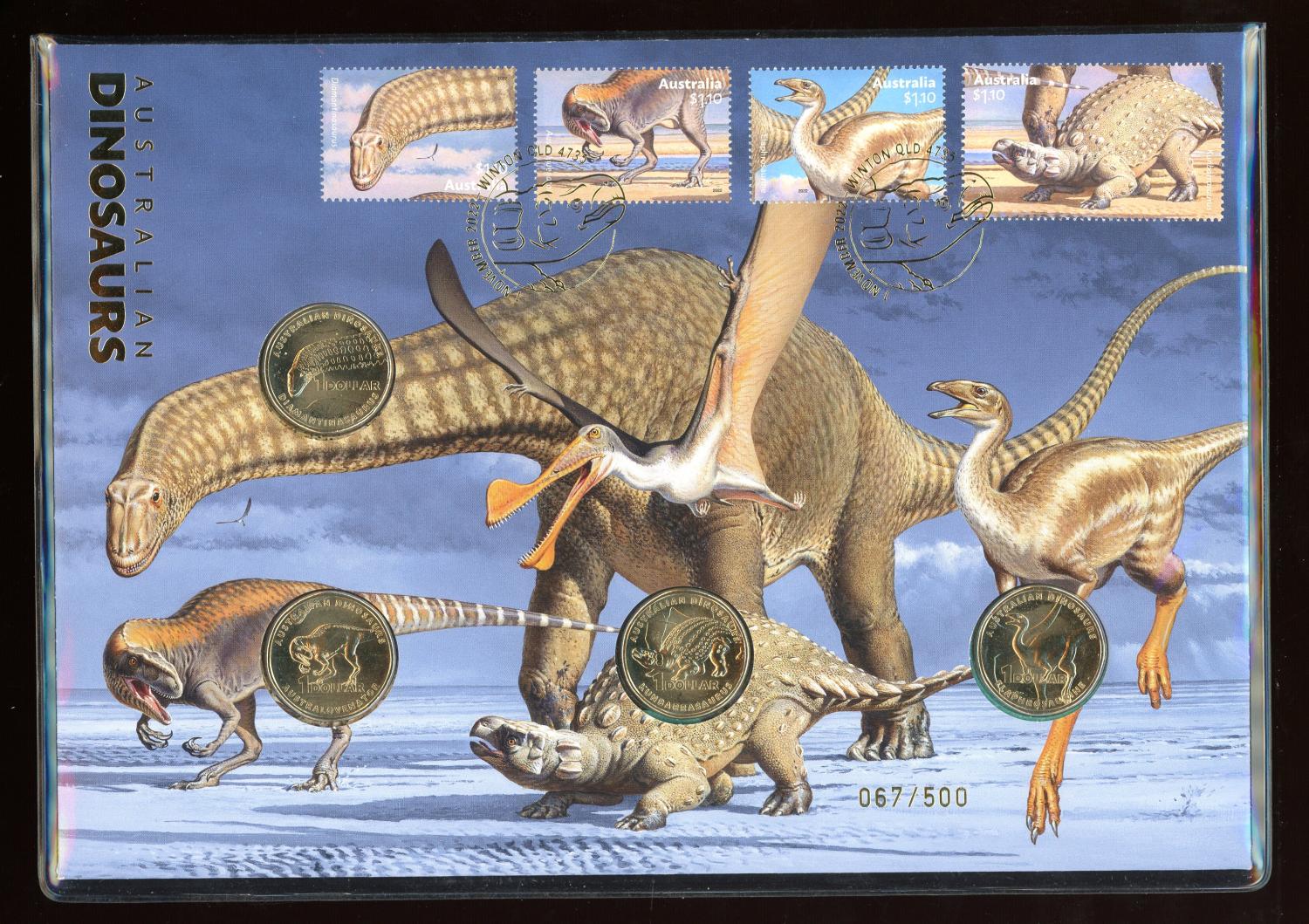 Thumbnail for 2022 Australian Dinosaurs Prestige PNC with 4 Coins and Gold Foil Overprint 067-500
