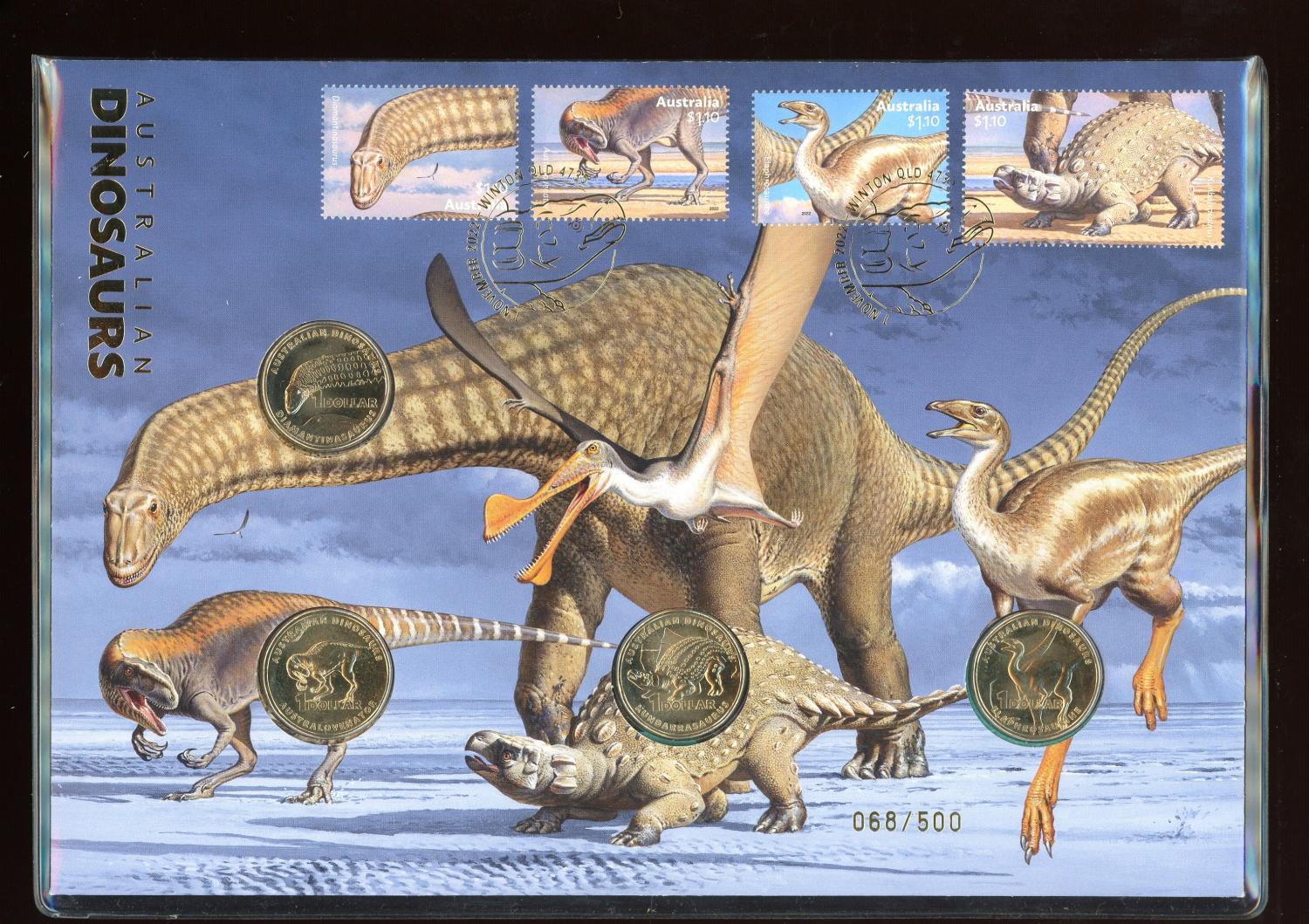 Thumbnail for 2022 Australian Dinosaurs Prestige PNC with 4 Coins and Gold Foil Overprint 068-500