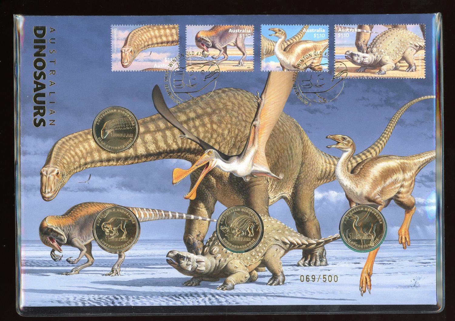 Thumbnail for 2022 Australian Dinosaurs Prestige PNC with 4 Coins and Gold Foil Overprint 069-500