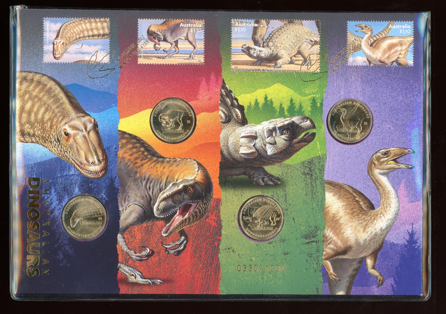 Thumbnail for 2022 Australian Dinosaurs Prestige PNC with 4 Coins with Privy Marks and Gold Foil Overprint 330-1000