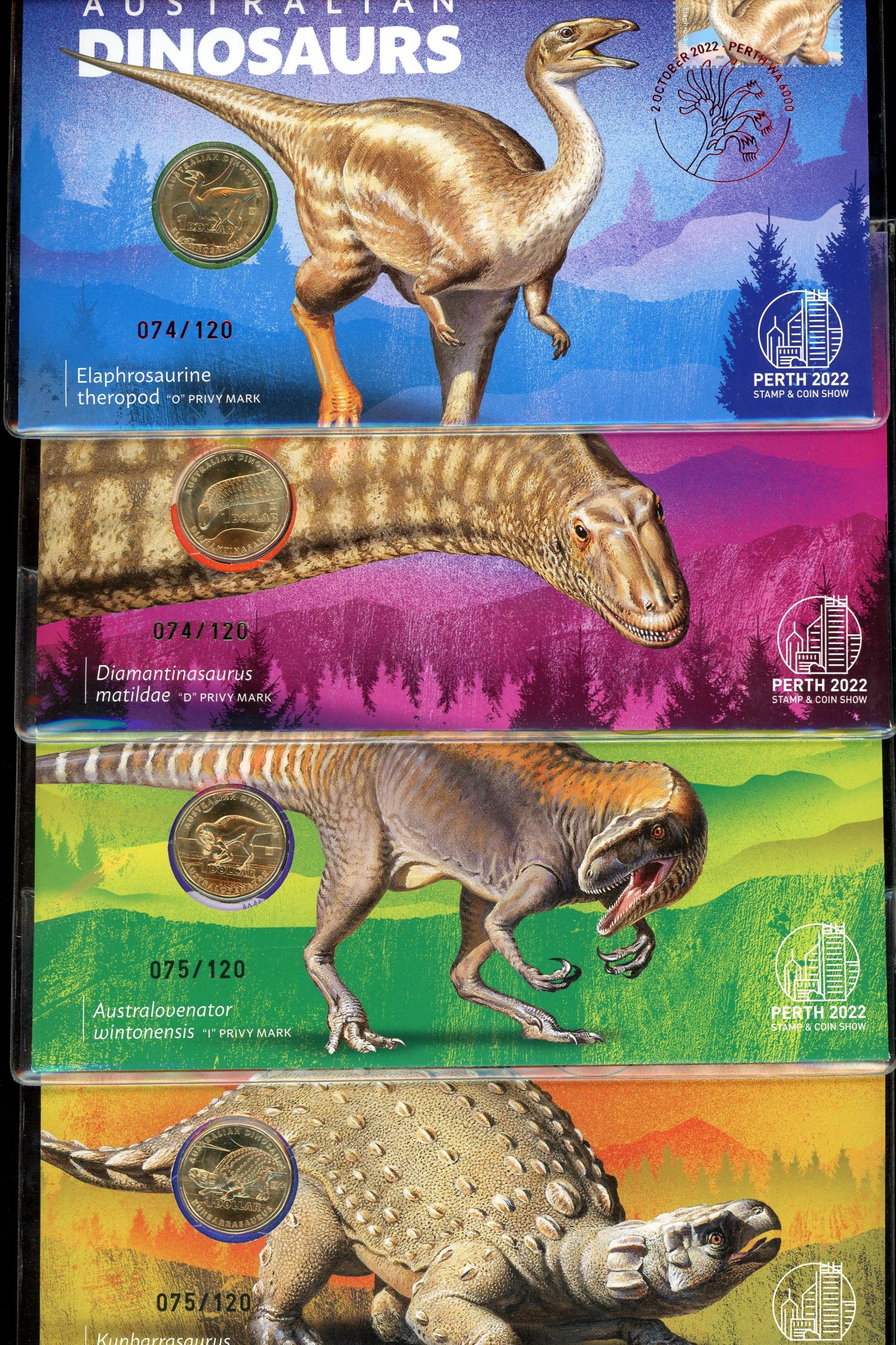 Thumbnail for 2022 Australian Dinosaurs Set of 4 PNCs 074 and 075 - Perth Stamp and Coin Show Limited to only 120