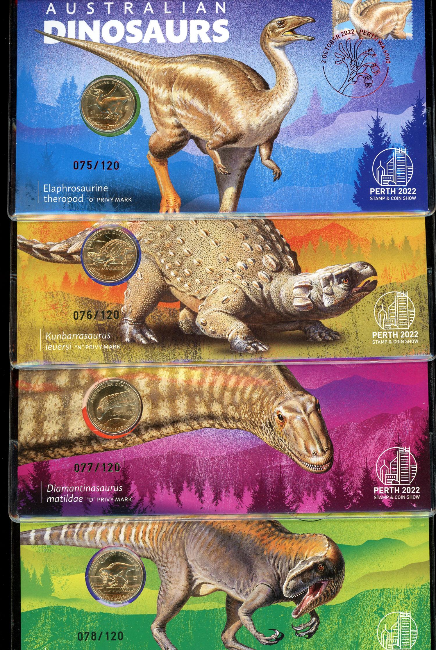 Thumbnail for 2022 Australian Dinosaurs Set of 4 PNCs 075 076 077 078 - Perth Stamp and Coin Show Limited to only 120