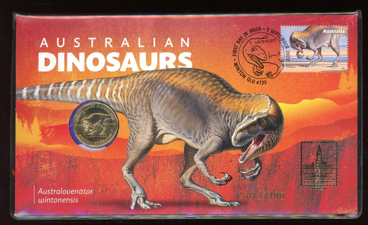 Thumbnail for 2022 Australian Dinosaurs PNC - Brisbane Stamp and Coin Show with Gold Foil Overprint 073-100