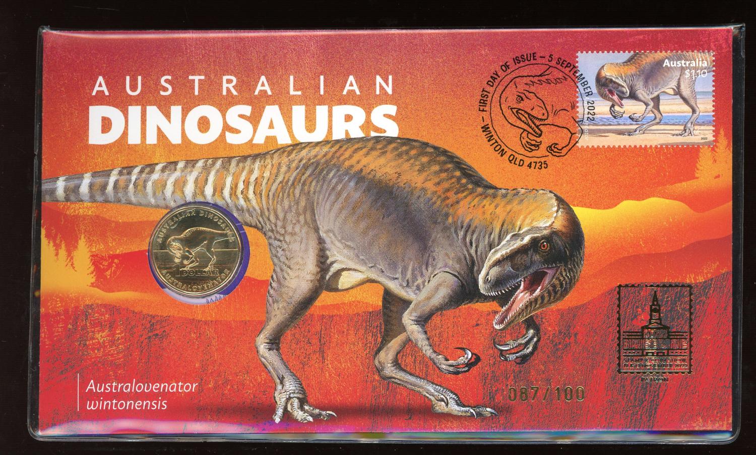 Thumbnail for 2022 Australian Dinosaurs PNC - Brisbane Stamp and Coin Show with Gold Foil Overprint 087-100