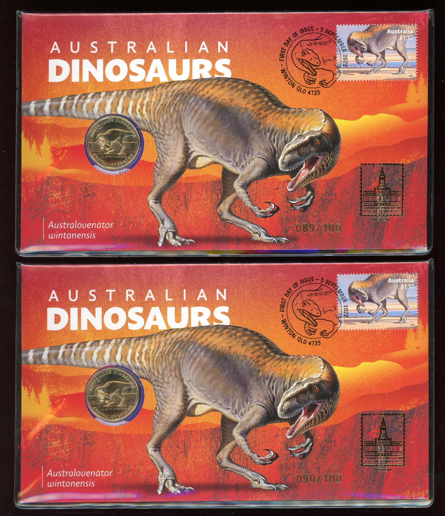 Thumbnail for 2022 Australian Dinosaurs PNC Consecutive Pair - Brisbane Stamp and Coin Show with Gold Foil Overprint 089 090-100