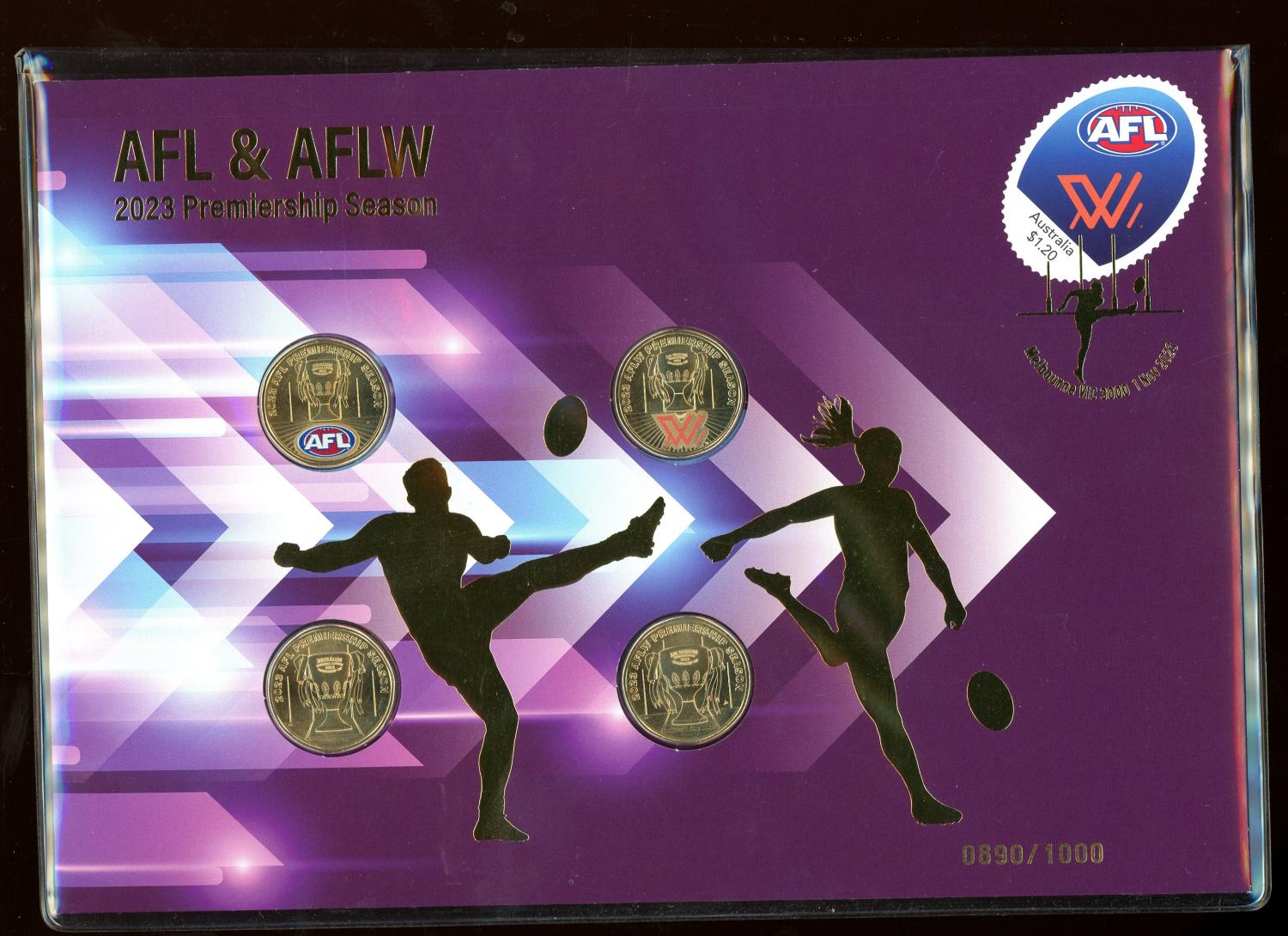 Thumbnail for 2023 AFL and AFWL Limited Edition 4 Coin PNC with Coloured Coins & Foil Overprint 0890-1000
