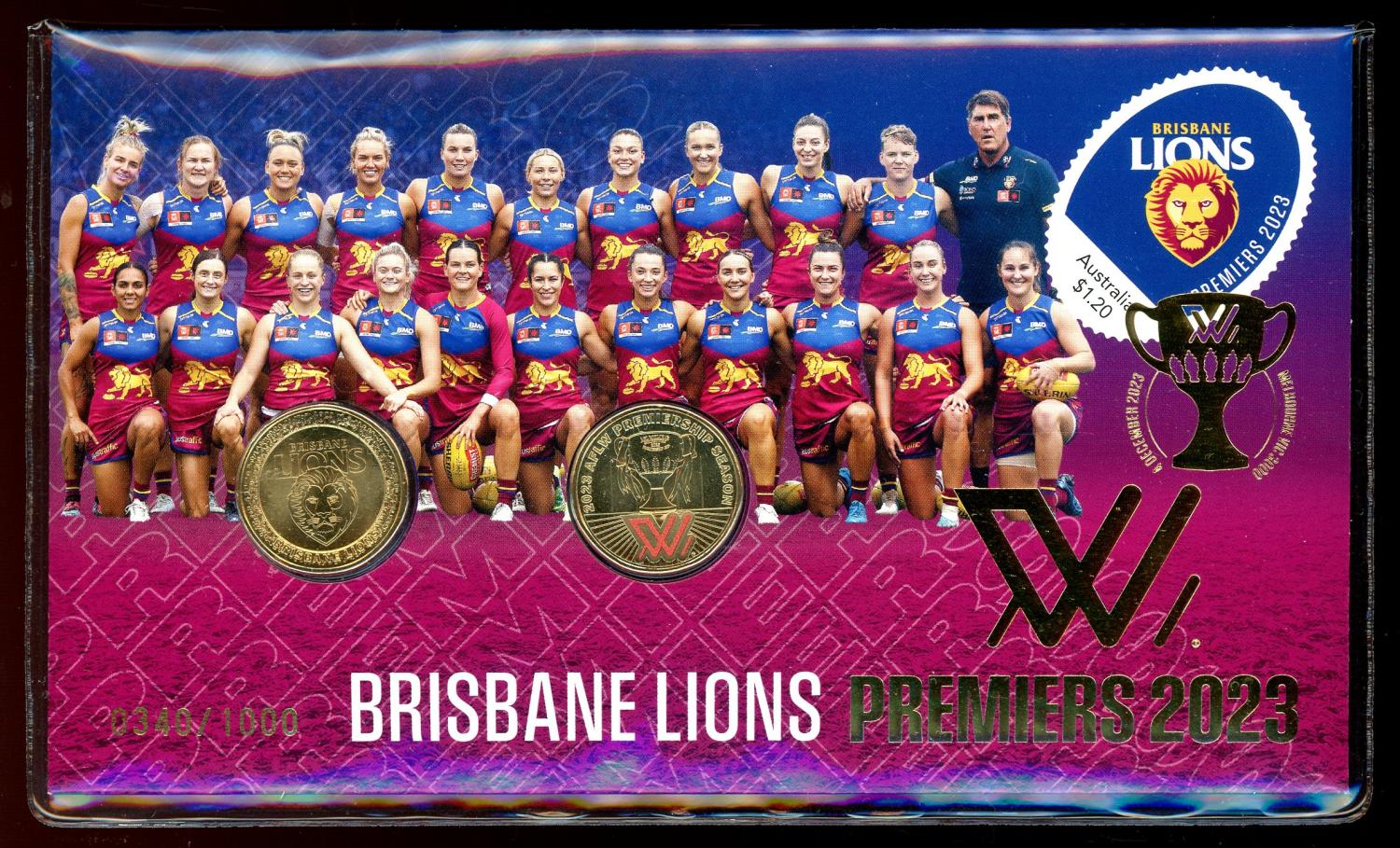 Thumbnail for 2023 AFLW Premiers Brisbane Lions $1 Coloured Coin & Stamp Limited Edition PNC