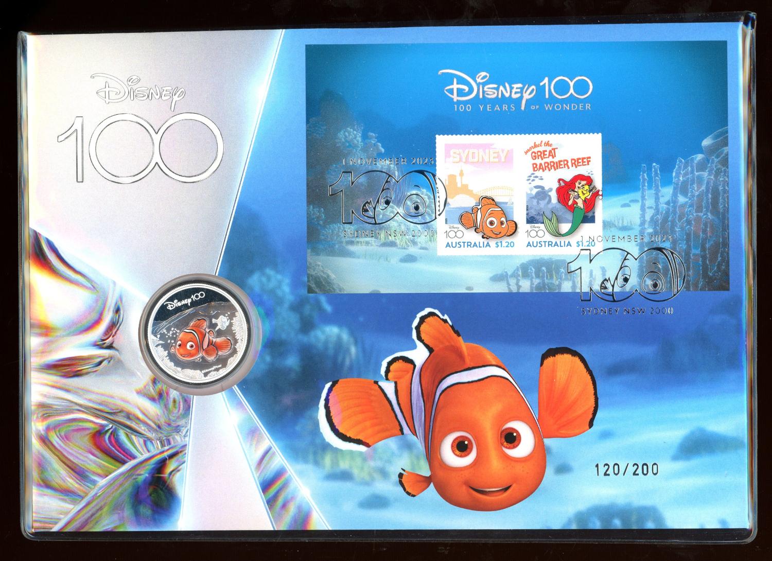 Thumbnail for 2023 Nemo Disney 100th Anniversary Prestige PNC with Coloured Silver Proof Coin and Foil Overprint 120-200