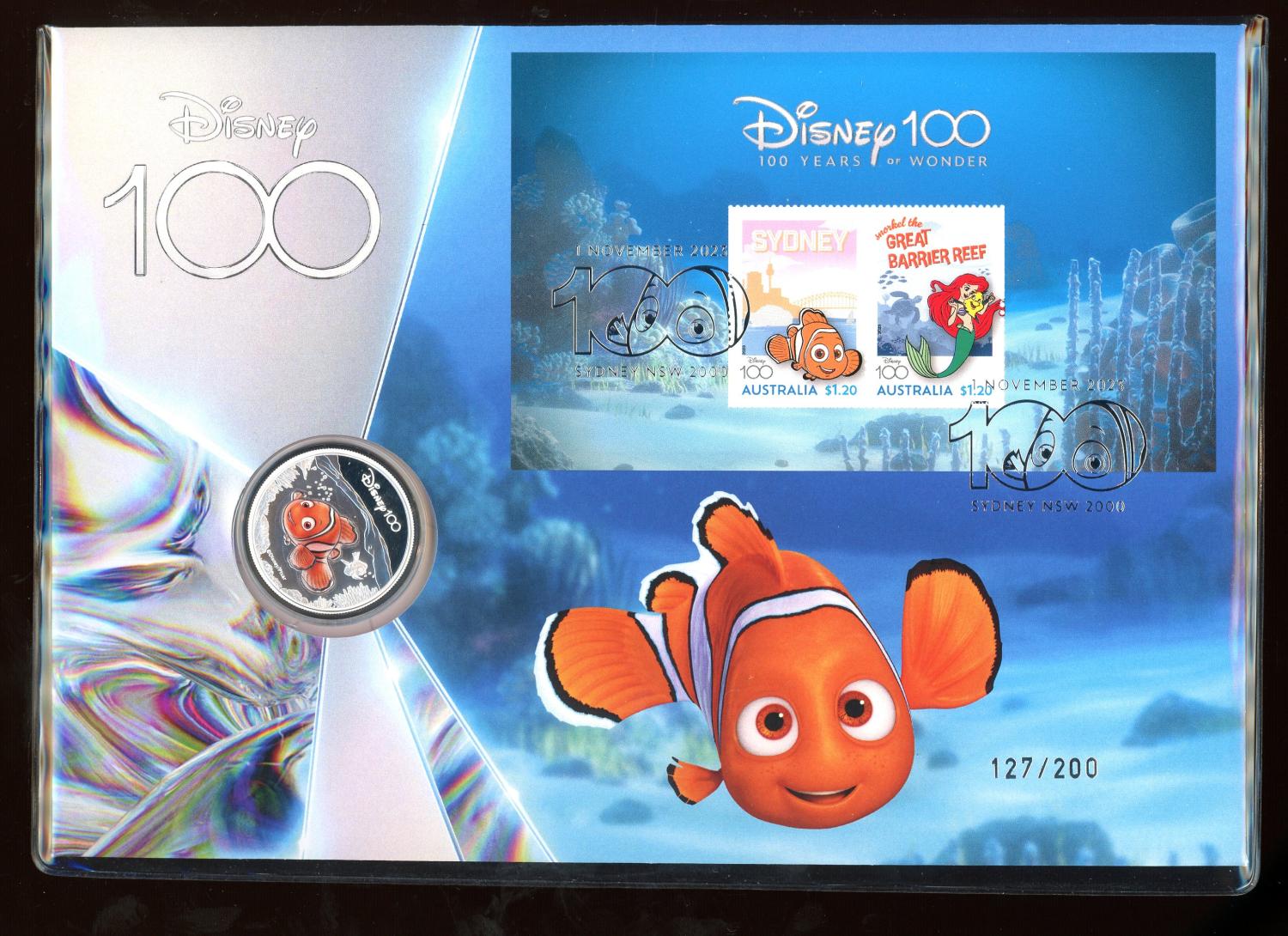 Thumbnail for 2023 Nemo Disney 100th Anniversary Prestige PNC with Coloured Silver Proof Coin and Foil Overprint 127-200