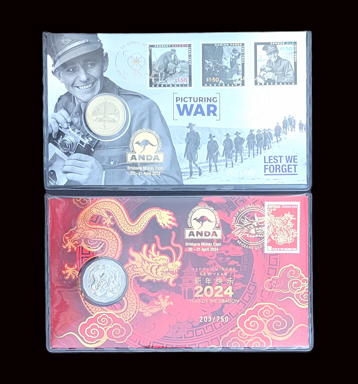 Thumbnail for 2024 PNC Duo - Issued for Brisbane Money Expo ANDA Show - Happy Chinese New Year 2024 Year of the Dragon RAM 50 cent Coin & Perth Mint Picturing War Lest we Forget with $1 coin PNCs  203-750