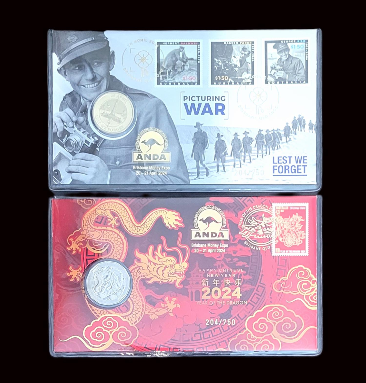 Thumbnail for 2024 PNC Duo - Issued for Brisbane Money Expo ANDA Show - Happy Chinese New Year 2024 Year of the Dragon RAM 50 cent Coin & Perth Mint Picturing War Lest we Forget with $1 coin PNCs 204-750