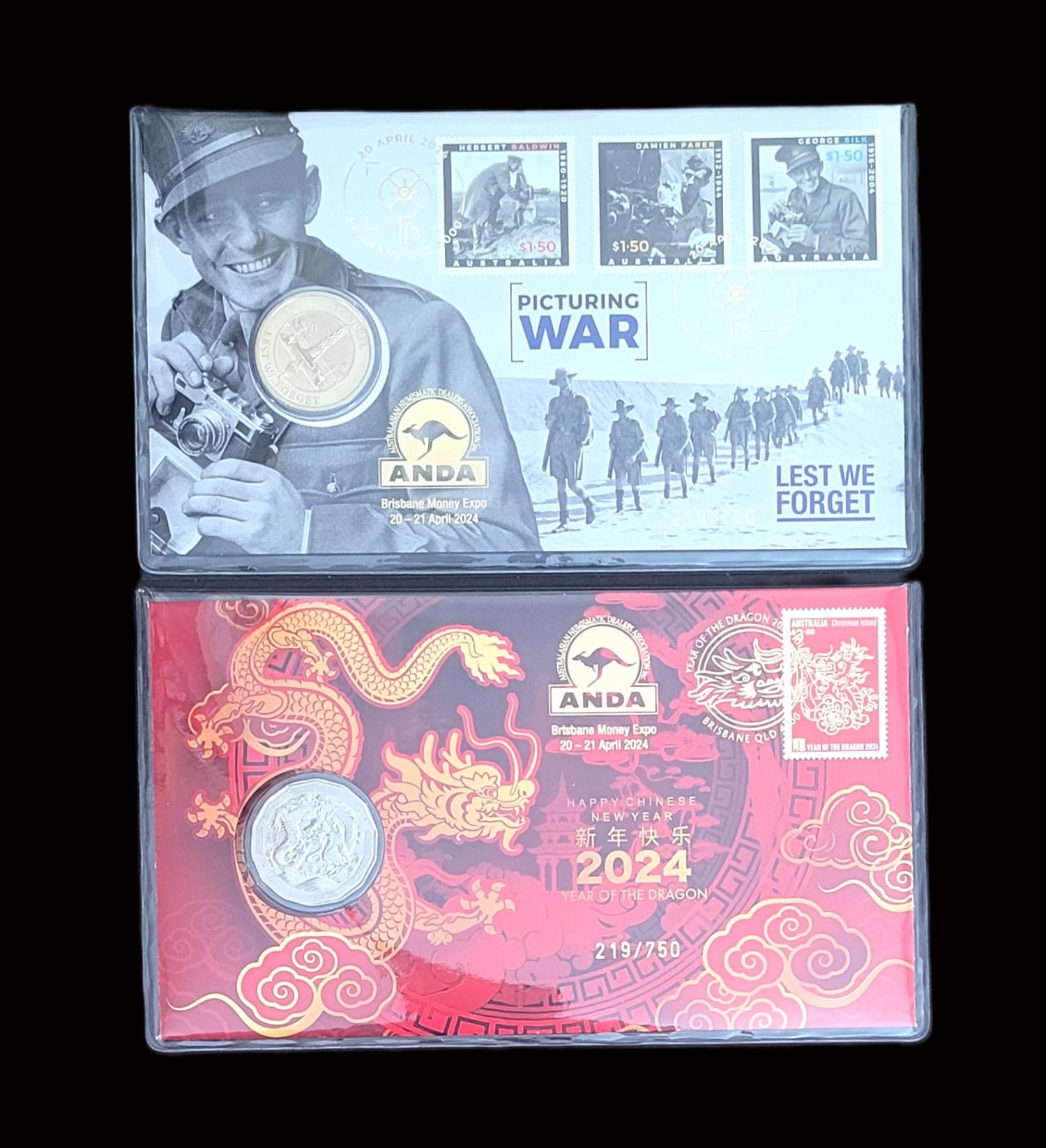 Thumbnail for 2024 PNC Duo - Issued for Brisbane Money Expo ANDA Show - Happy Chinese New Year 2024 Year of the Dragon RAM 50 cent Coin & Perth Mint Picturing War Lest we Forget with $1 coin PNCs 219-750