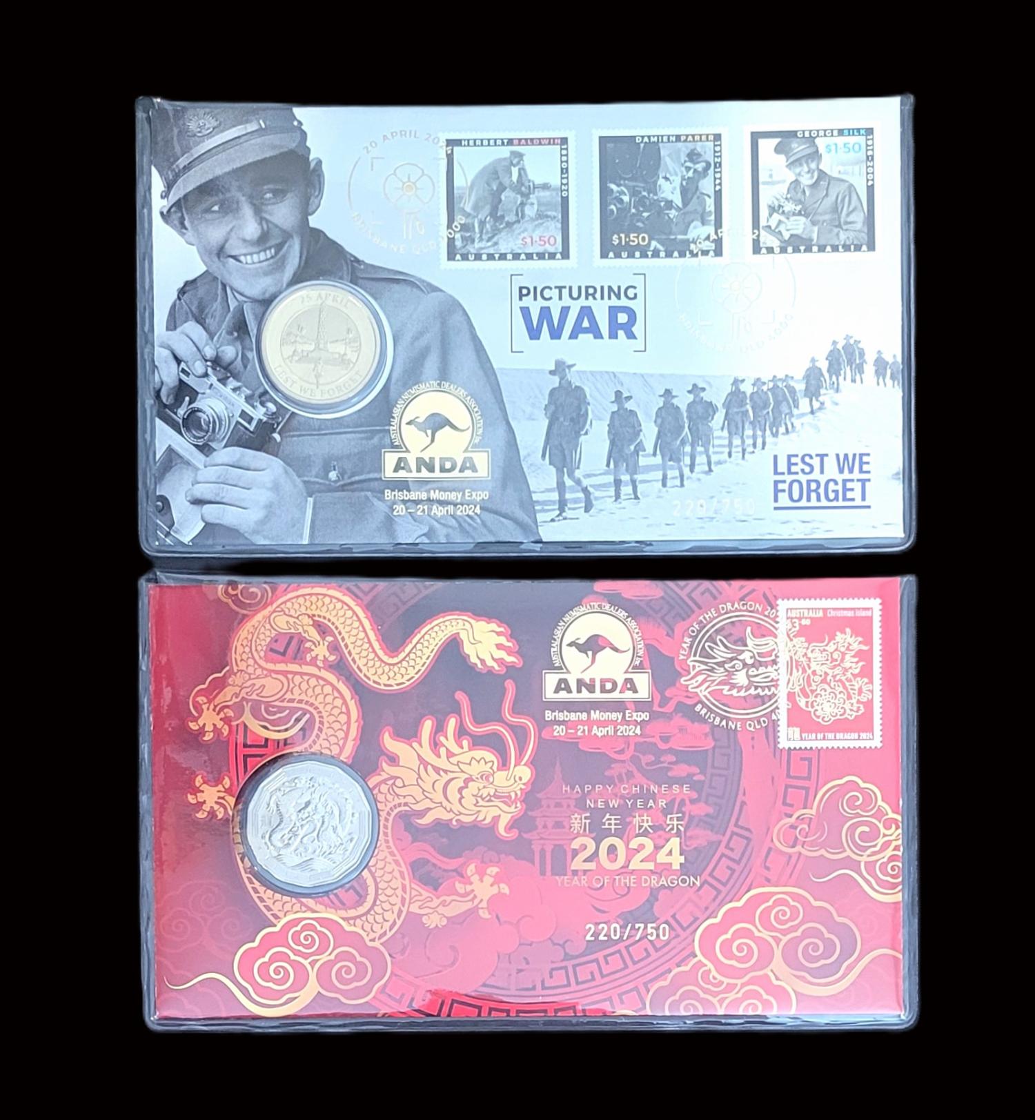 Thumbnail for 2024 PNC Duo - Issued for Brisbane Money Expo ANDA Show - Happy Chinese New Year 2024 Year of the Dragon RAM 50 cent Coin & Perth Mint Picturing War Lest we Forget with $1 coin PNCs 220-750