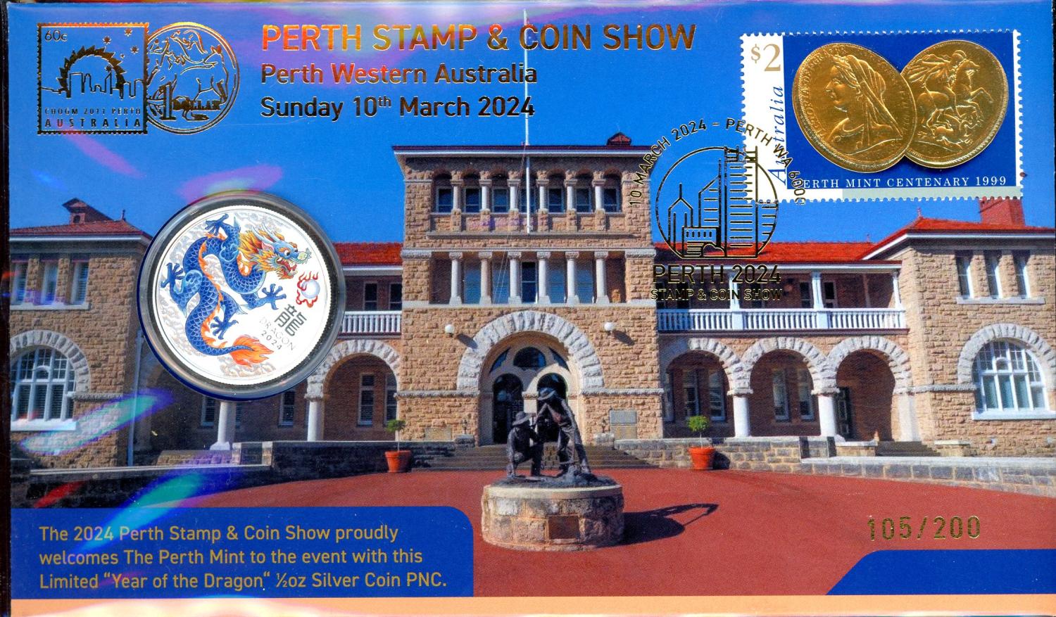 Thumbnail for 2024 Perth Stamp and Coin Show Half oz Coloured Silver Year of the Dragon PNC 105 - 200