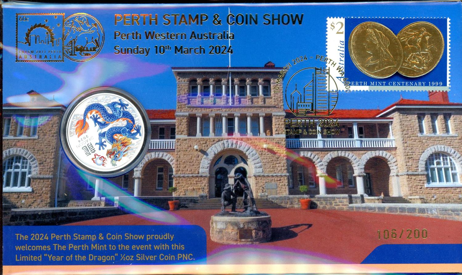 Thumbnail for 2024 Perth Stamp and Coin Show Half oz Coloured Silver Year of the Dragon PNC 106 - 200
