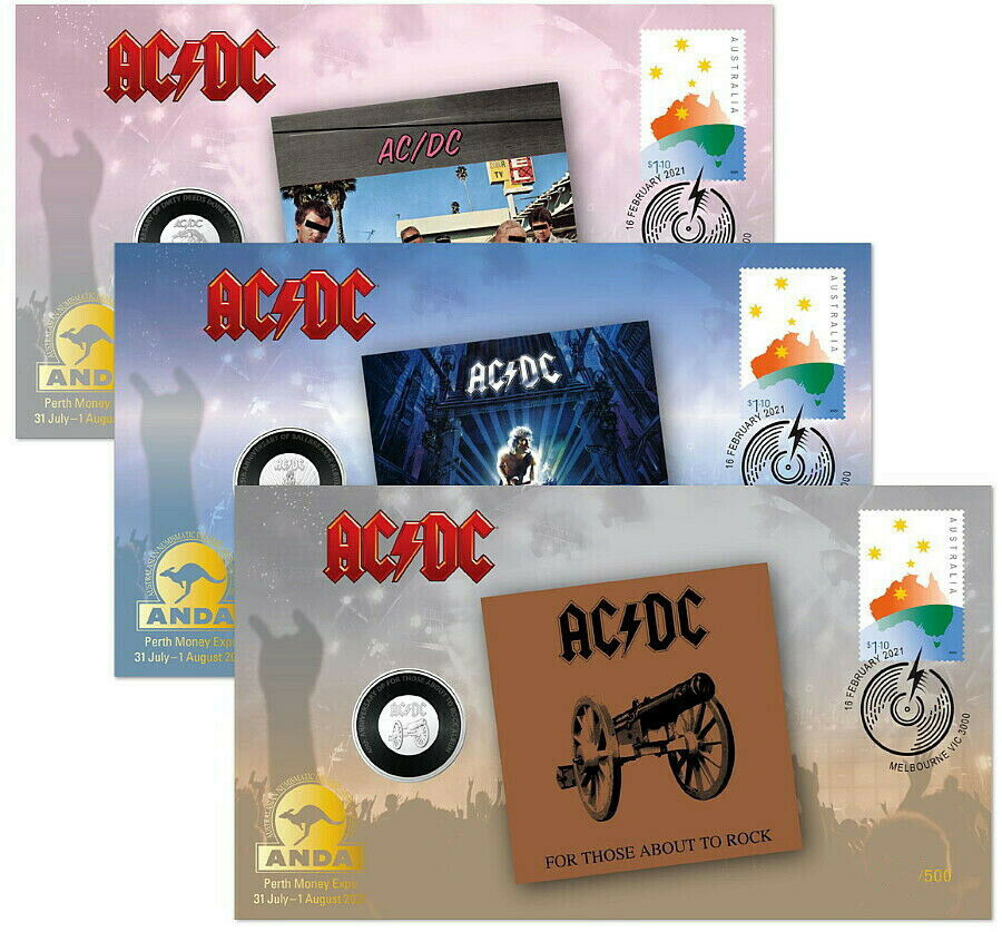 Thumbnail for 2021 Perth ANDA ACDC Set of 3 x 20c Coin PNCs - 500 MINTAGE Show Cancelled