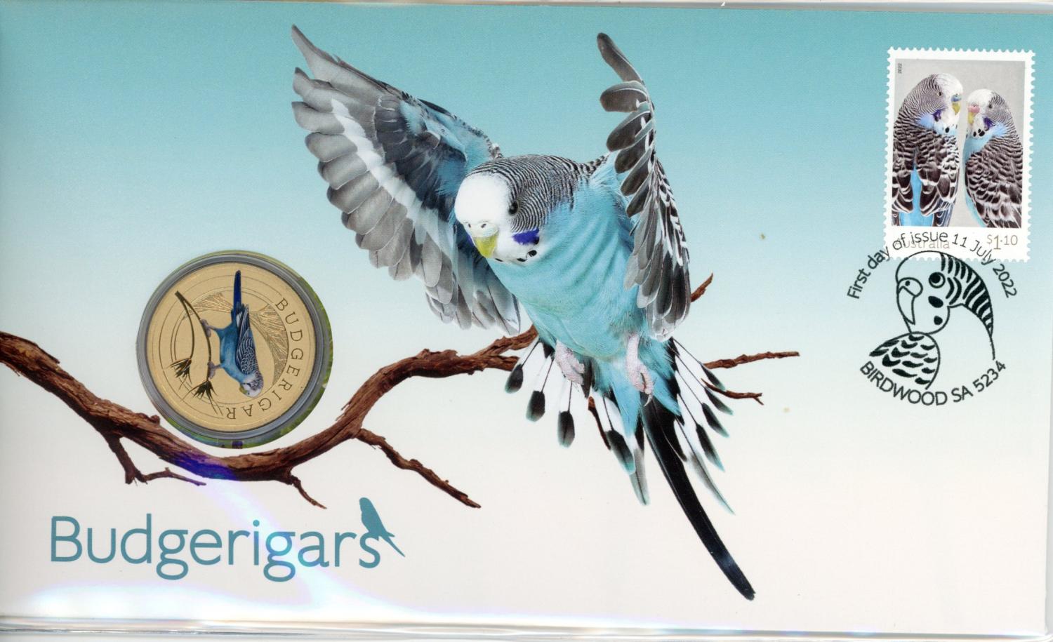 Thumbnail for 2022 Issue 16 Budgerigars PNC with Perth Mint Coloured Budgerigar $1 Coin
