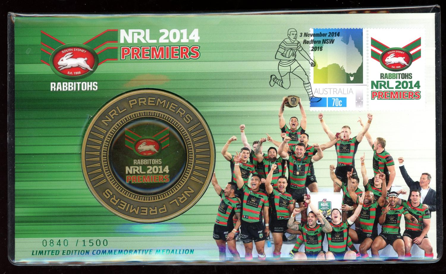 Thumbnail for 2014 Rabbitohs Premiers Medallion PNC Limited Edition 0840 of 1500